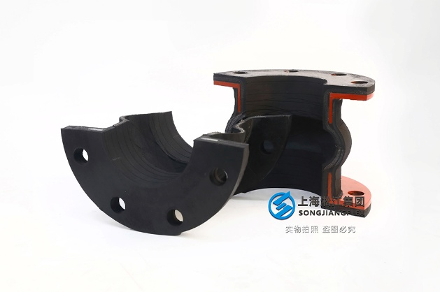 Cross-section cutaway view of a heavy-duty hand-built rubber expansion joint, displaying the internal reinforced structure and multi-layer fabric cords.