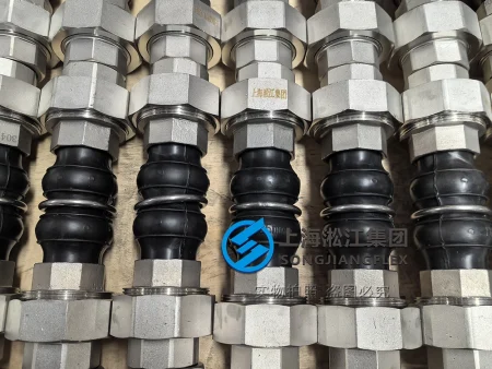 DN25 PN16 Natural Rubber twin sphere rubber compensator with SS304 threaded union ends, high-performance vibration isolation for HVAC systems.