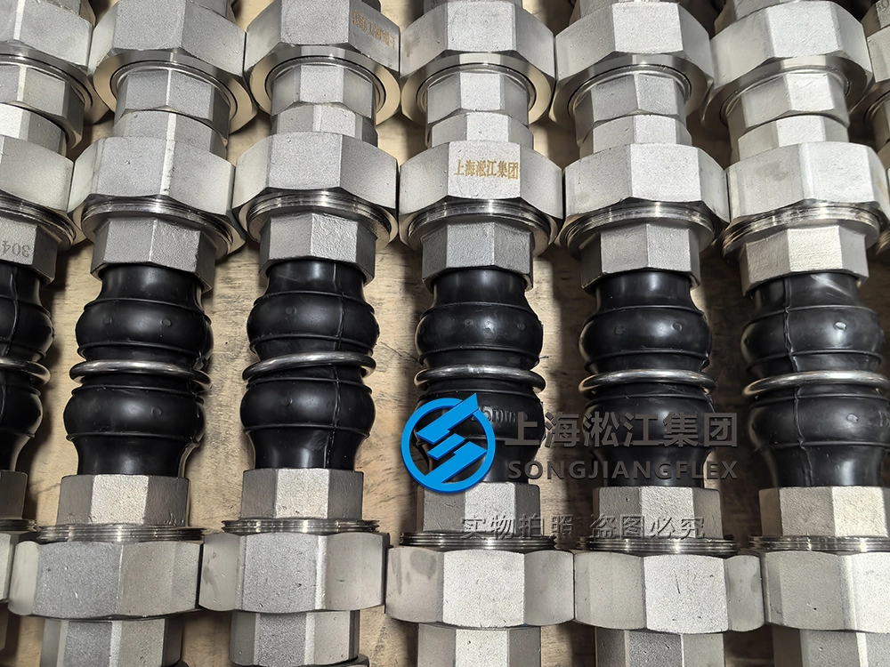 DN25 PN16 Natural Rubber twin sphere rubber compensator with SS304 threaded union ends, high-performance vibration isolation for HVAC systems.