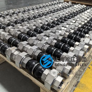 DN25 PN16 Natural Rubber twin sphere rubber compensator with SS304 threaded union ends, high-performance vibration isolation for HVAC systems.
