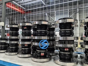 DN80 ANSI 150LB peroxide-cured EPDM twin sphere rubber compensator with SS304 flanges and center reinforcing ring for data center coolant piping.
