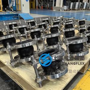 DN80 DN25 natural rubber compensators with SS304 flanges and control rods, high-performance vibration isolation for secondary water supply pump stations.
