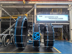 DN2400 PN6 large diameter custom flexible joint, hand-built EPDM rubber expansion joint with control units, integrated vulcanized powder coated carbon steel flanges for nuclear condensers.