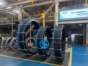 DN2400 PN6 large diameter custom flexible joint, hand-built EPDM rubber expansion joint with control units, integrated vulcanized powder coated carbon steel flanges for nuclear condensers.
