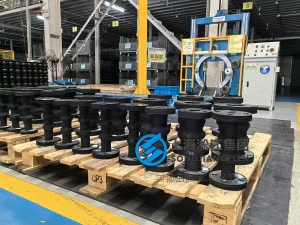 Hand-built marine expansion joint with custom 250mm length, twin sphere NBR rubber compensator for fuel overflow systems.