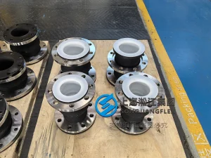 DN125 PN25 PTFE lined rubber expansion joint, SS316 flanges to custom 300mm standard, high-integrity hydrogen electrolyzer rubber bellow for corrosive pure water.