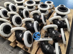 DN50 90-degree EPDM rubber expansion joint elbow, molded rubber bellow with chemical-resistant white polypropylene flanges, 1Mpa working pressure rating.