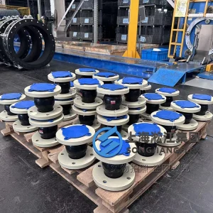 DN65 flow battery rubber expansion joint, 150mm length molded single-arch EPDM rubber bellow with anti-corrosive PTFE liner and pale yellow PPH GB PN6 swivel flanges - 02.