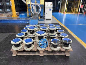 DN65 flow battery rubber expansion joint, 150mm length molded single-arch EPDM rubber bellow with anti-corrosive PTFE liner and pale yellow PPH GB PN6 swivel flanges - 04.