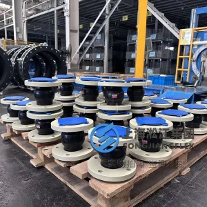 DN65 flow battery rubber expansion joint, 150mm length molded single-arch EPDM rubber bellow with anti-corrosive PTFE liner and pale yellow PPH GB PN6 swivel flanges.