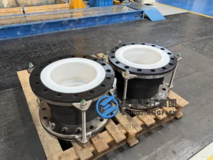 Hand-built DN300 FKM rubber expansion joint with PTFE liner and Gr5 titanium flanges on wooden pallet - 04