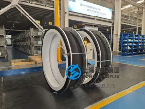 Hand-built DN1200 single-arch Hypalon rubber compensator with a white internal PTFE liner, vacuum support ring, full face sealing profile, galvanized carbon steel flanges, and an integral control unit rod system.